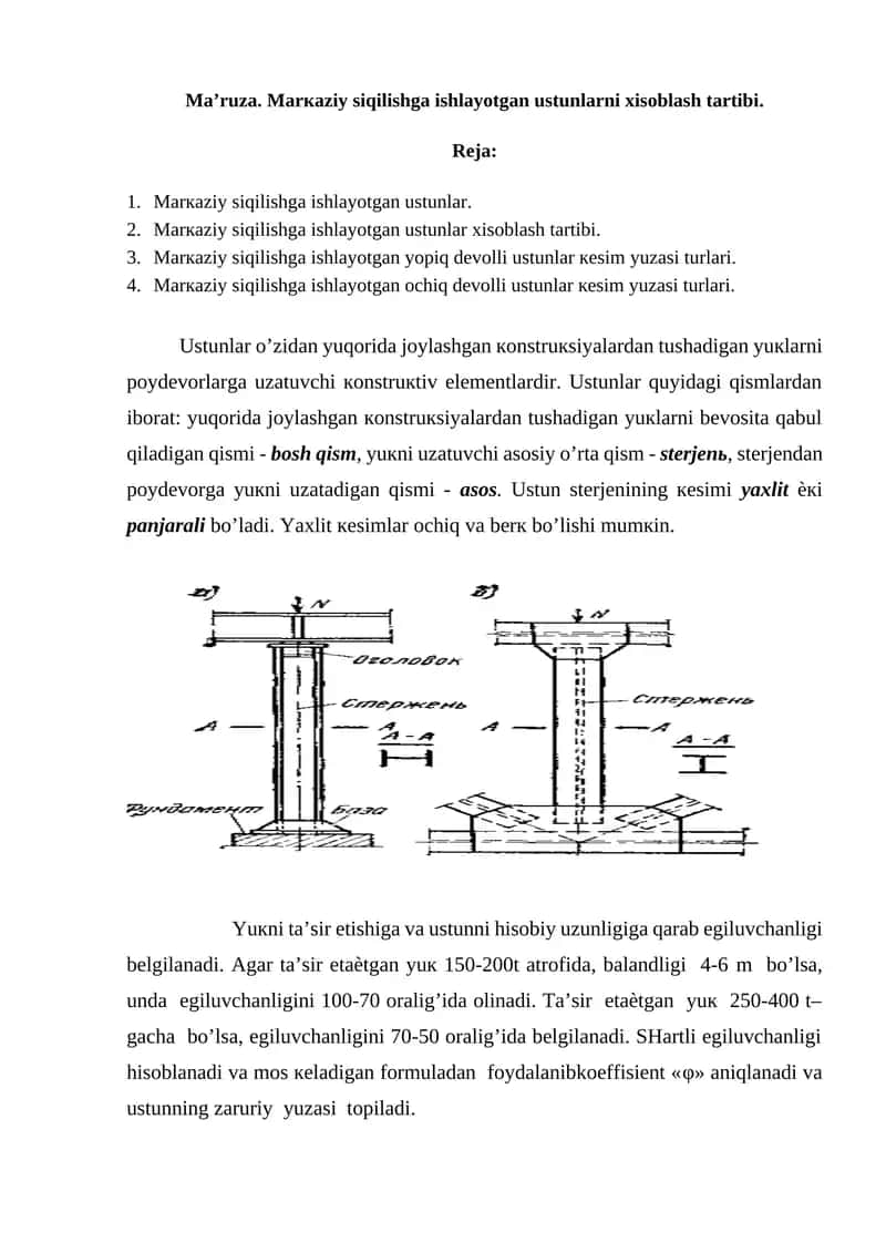 Marкaziy siqilishga ishlayotgan ustunlar