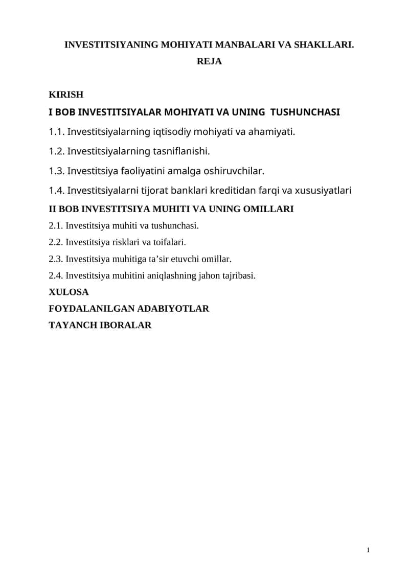 INVESTITSIYANING MOHIYATI MANBALARI VA SHAKLLARI