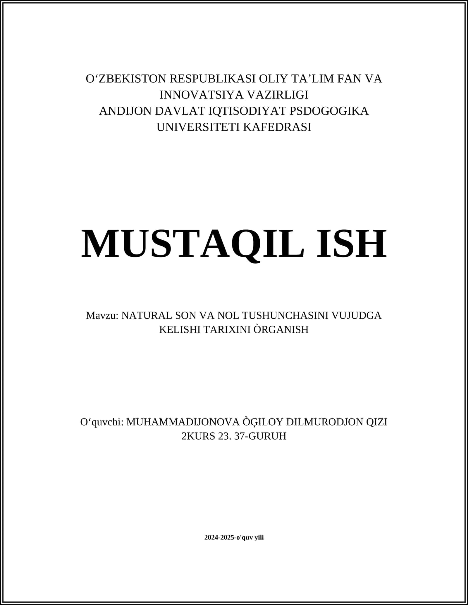 NATURAL SON VA NOL TUSHUNCHASINI VUJUDGA KELISHI TARIXINI ÒRGANISH