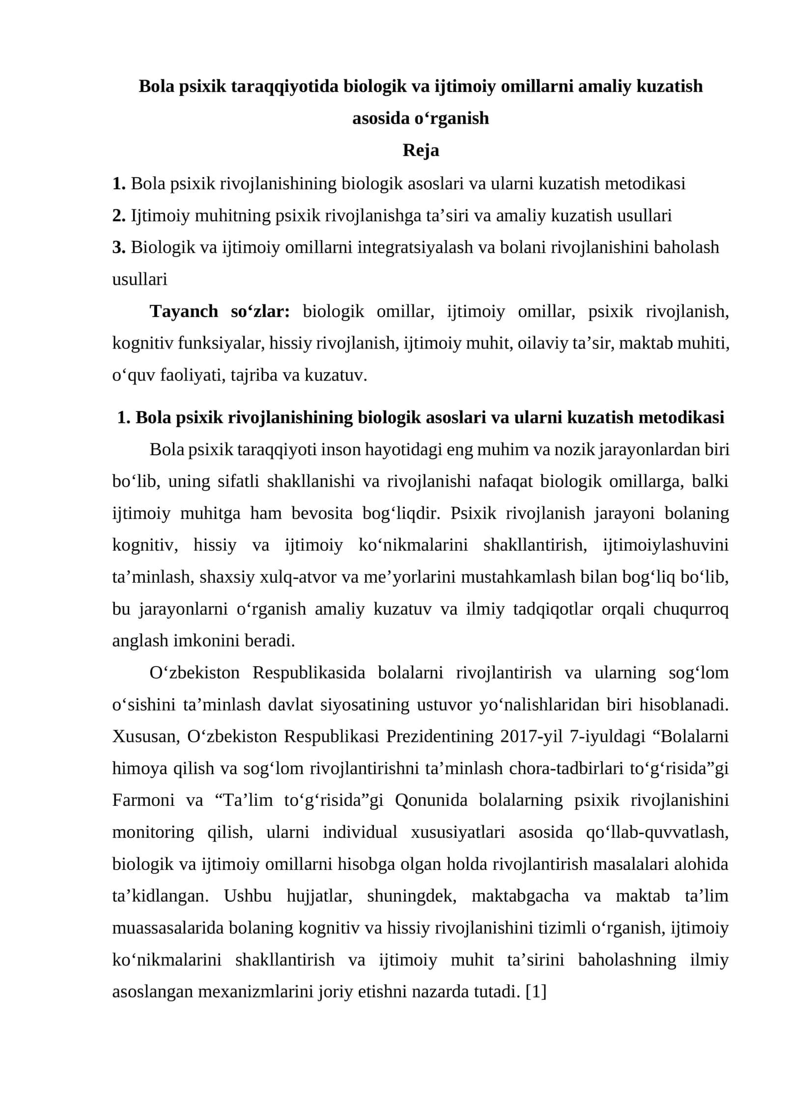 Bola psixik taraqqiyotida biologik va ijtimoiy omillarni amaliy kuzatish asosida o‘rganish