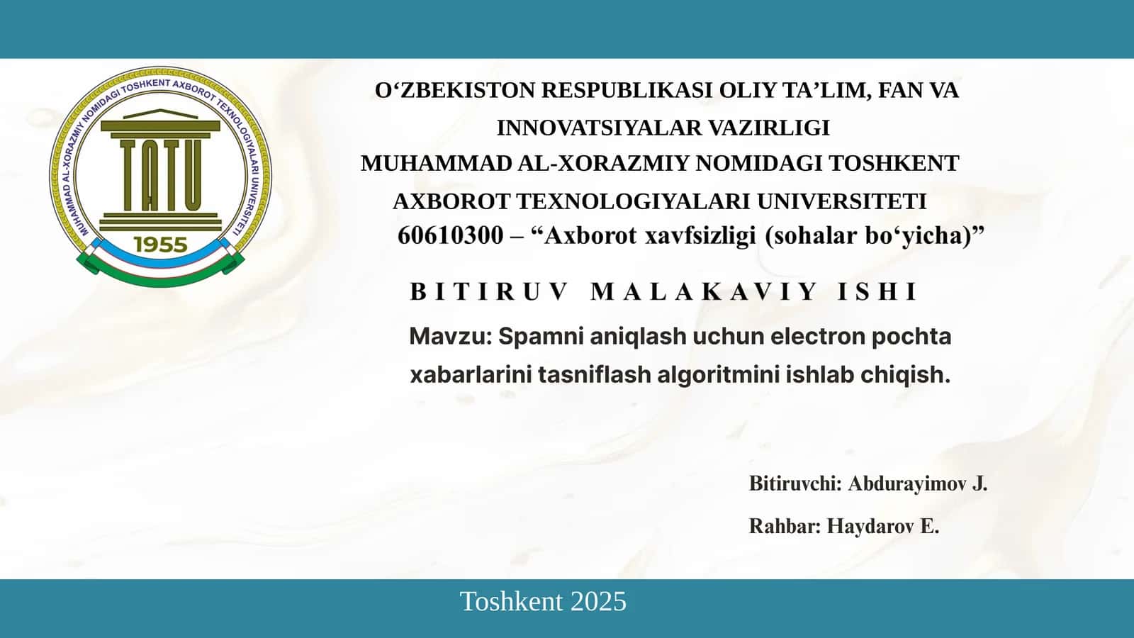 Spamni aniqlash uchun electron pochta xabarlarini tasniflash algoritmini ishlab chiqish