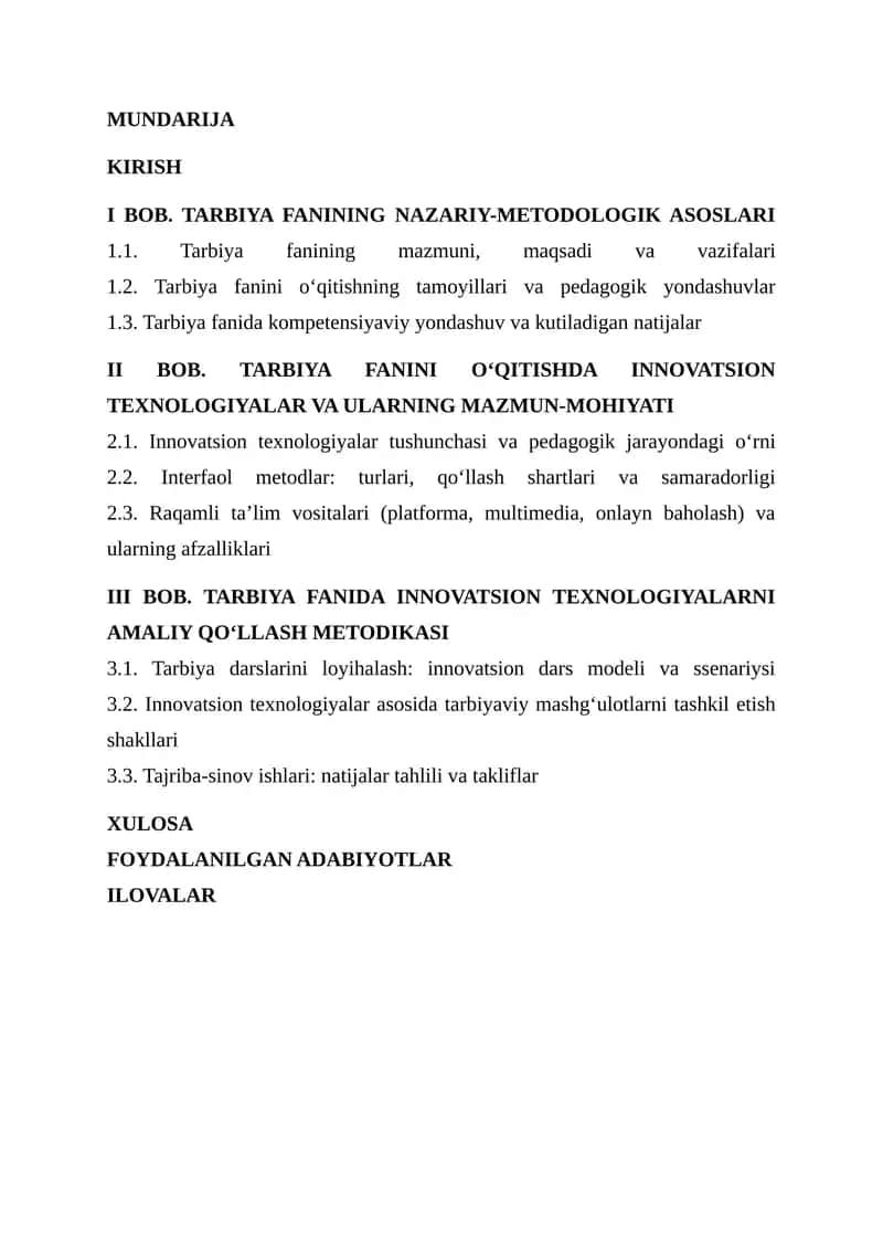 Tarbiya fanini o‘qitishda innovatsion texnologiyalar va ularning mazmun-mohiyati