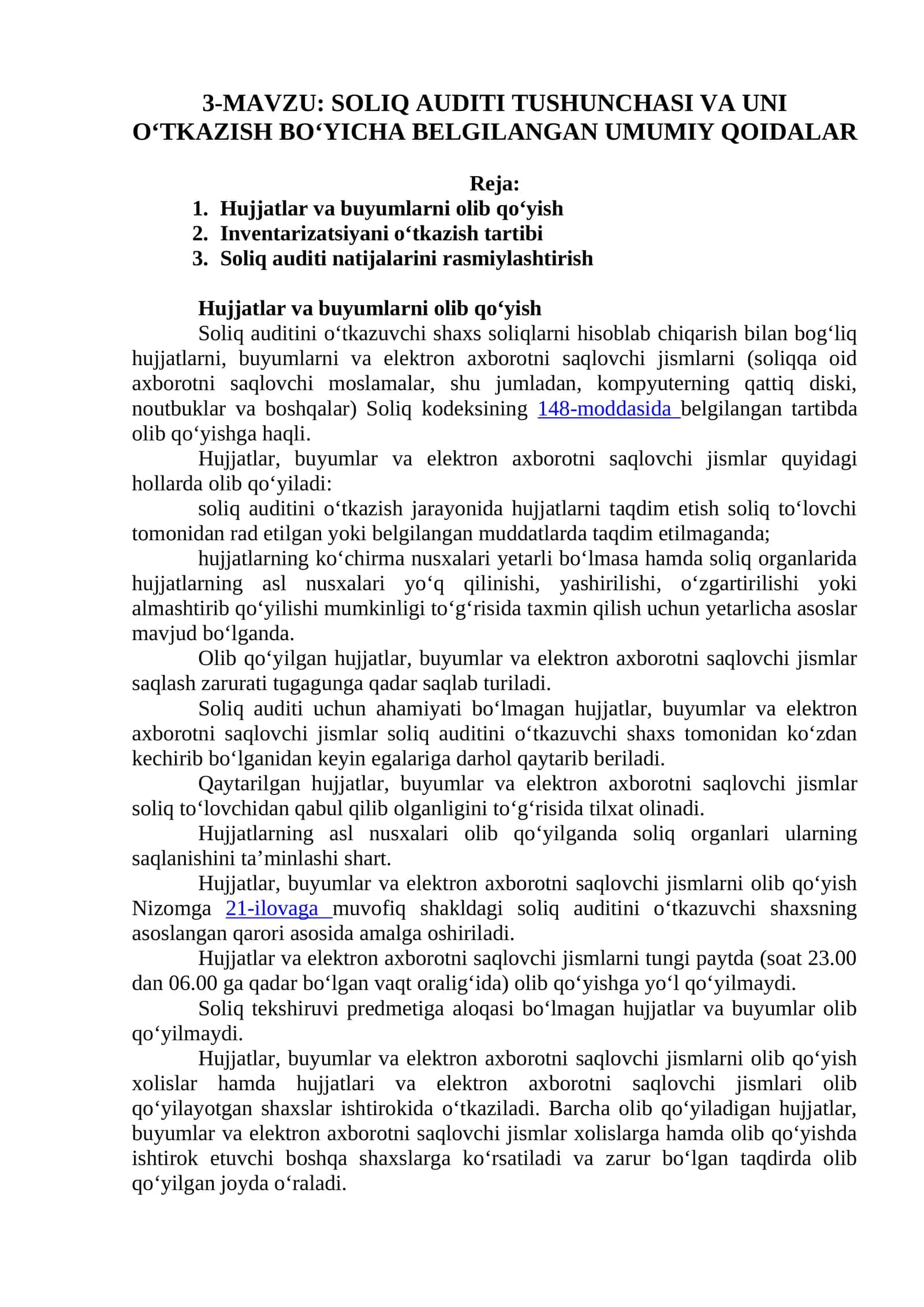 SOLIQ AUDITI TUSHUNCHASI VA UNI O‘TKAZISH BO‘YICHA BELGILANGAN UMUMIY QOIDALAR