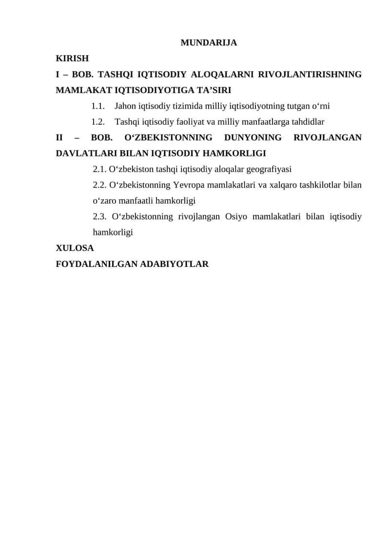 O‘zbekistonning dunyoning rivojlangan davlatlari bilan iqtisodiy hamkorligi