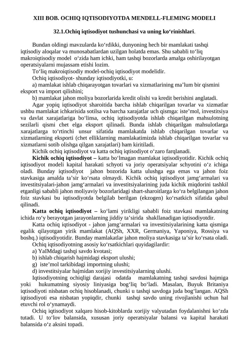 OCHIQ IQTISODIYOTDA MENDELL-FLEMING MODELI