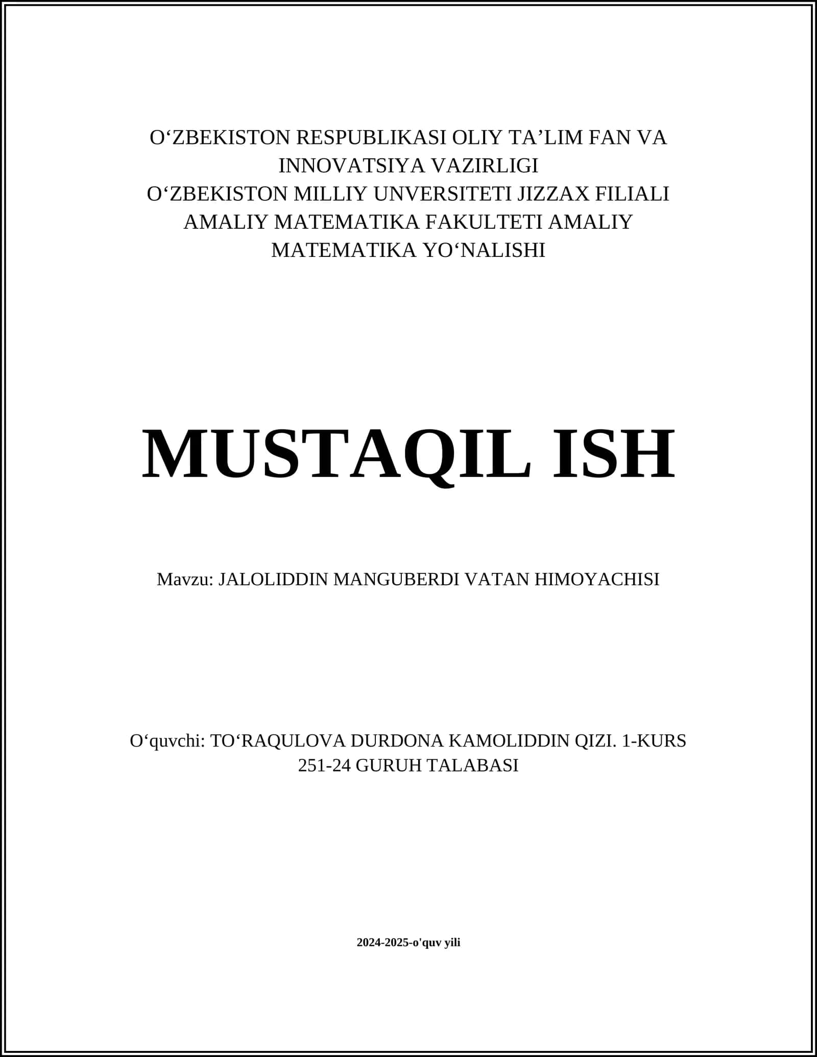 JALOLIDDIN MANGUBERDI VATAN HIMOYACHISI