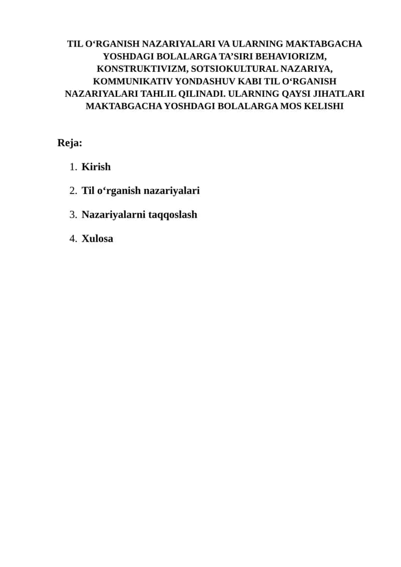 Til O‘rganish Nazariyalari va Ularning Maktabgacha Yoshdagi Bolalarga Ta’siri