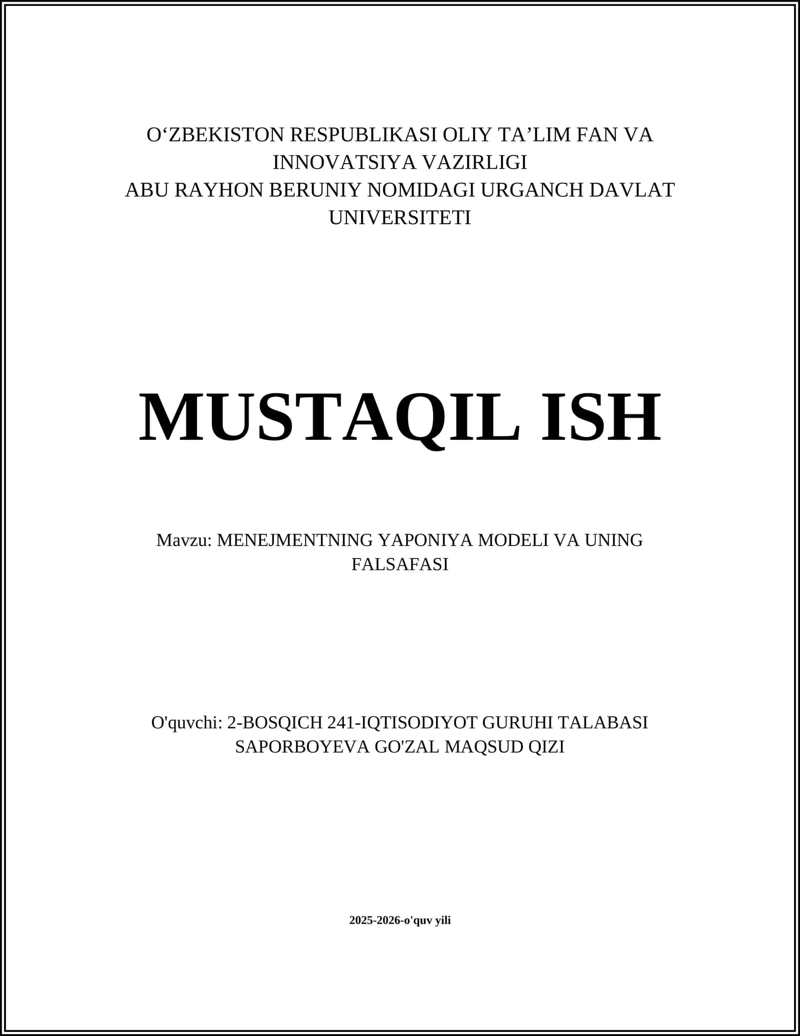 MENEJMENTNING YAPONIYA MODELI VA UNING FALSAFASI