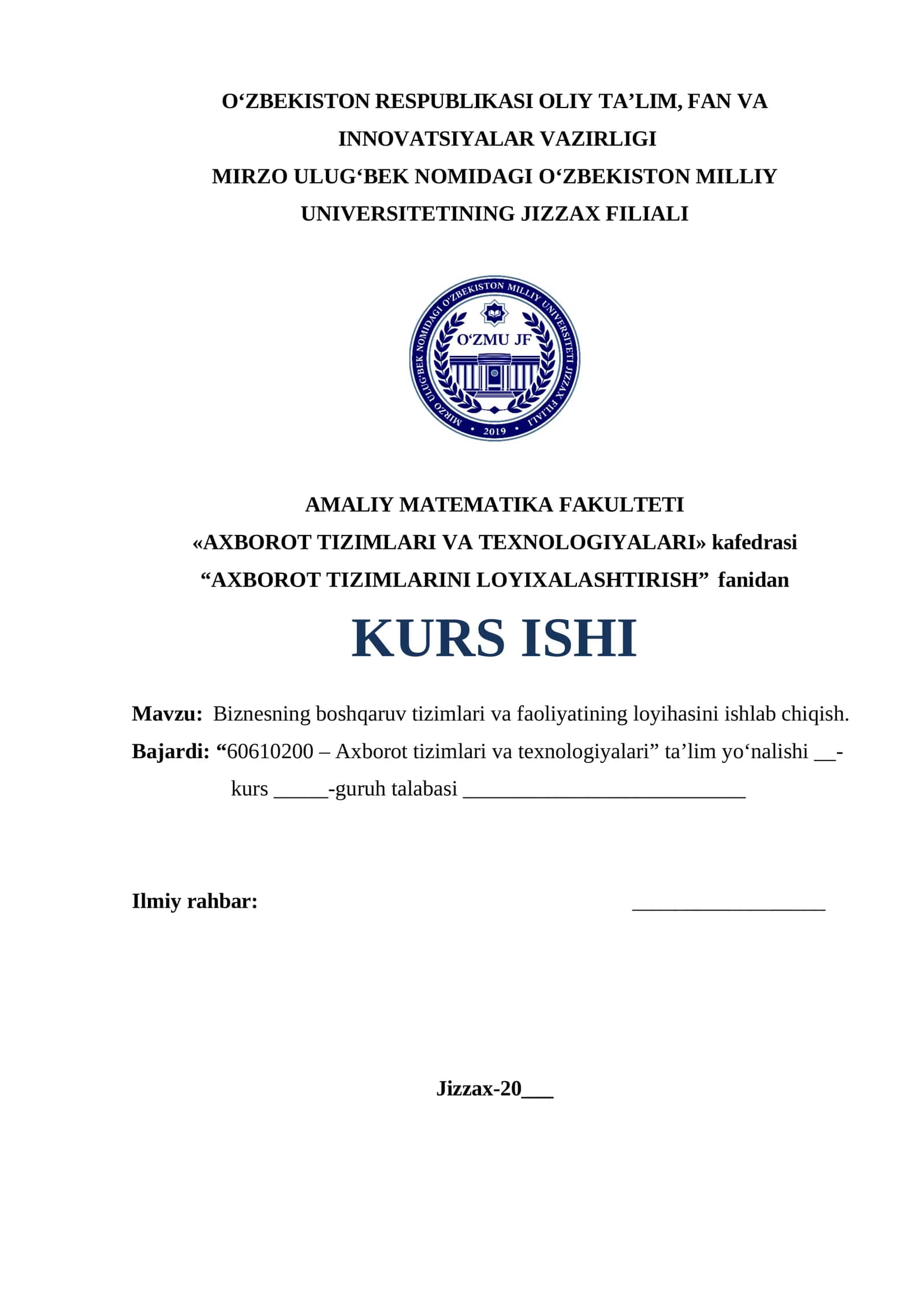 Biznesning boshqaruv tizimlari va faoliyatining loyihasini ishlab chiqish