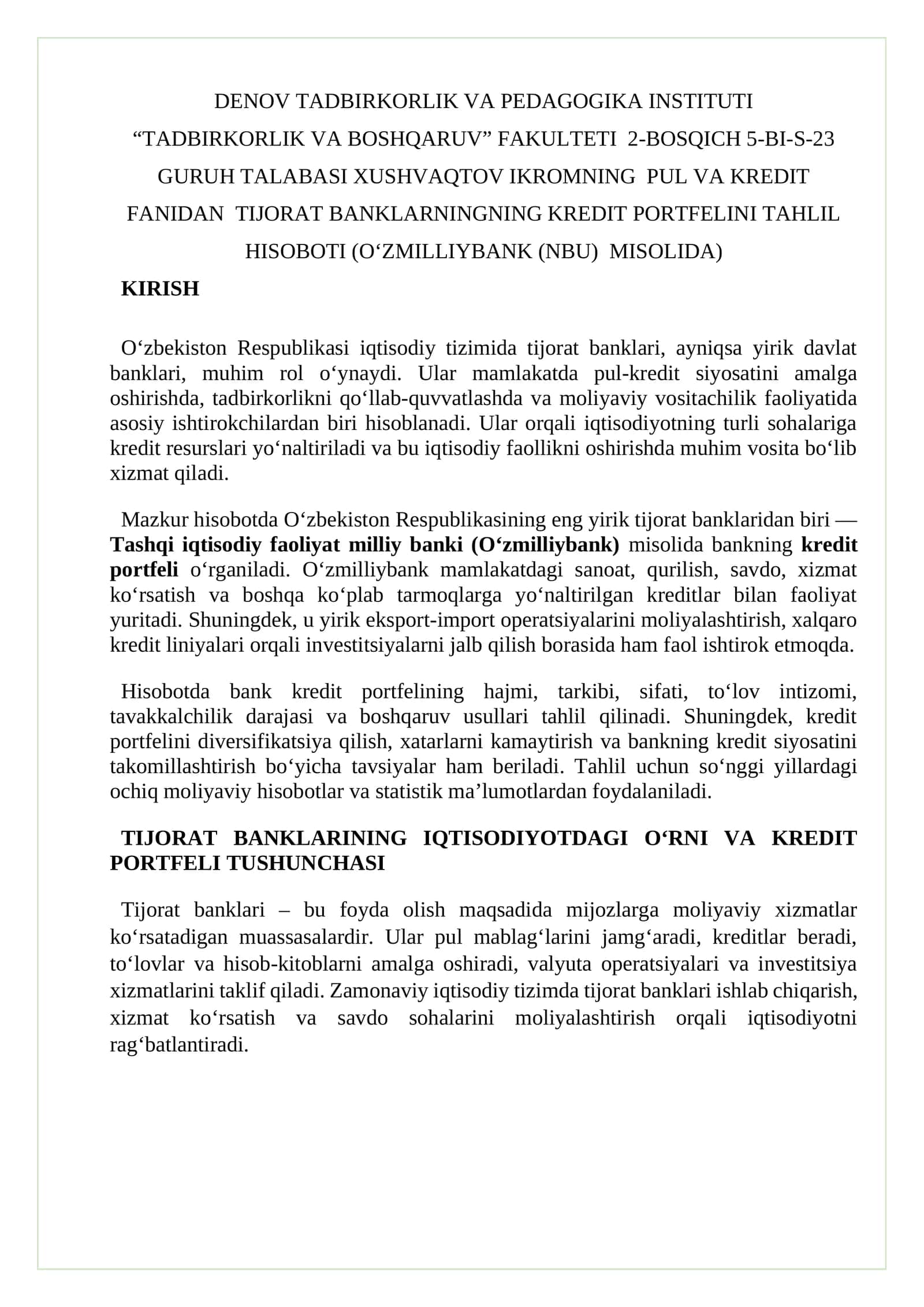 TIJORAT BANKLARNINGNING KREDIT PORTFELINI TAHLIL HISOBOTI (O‘ZMILLIYBANK (NBU) MISOLIDA)