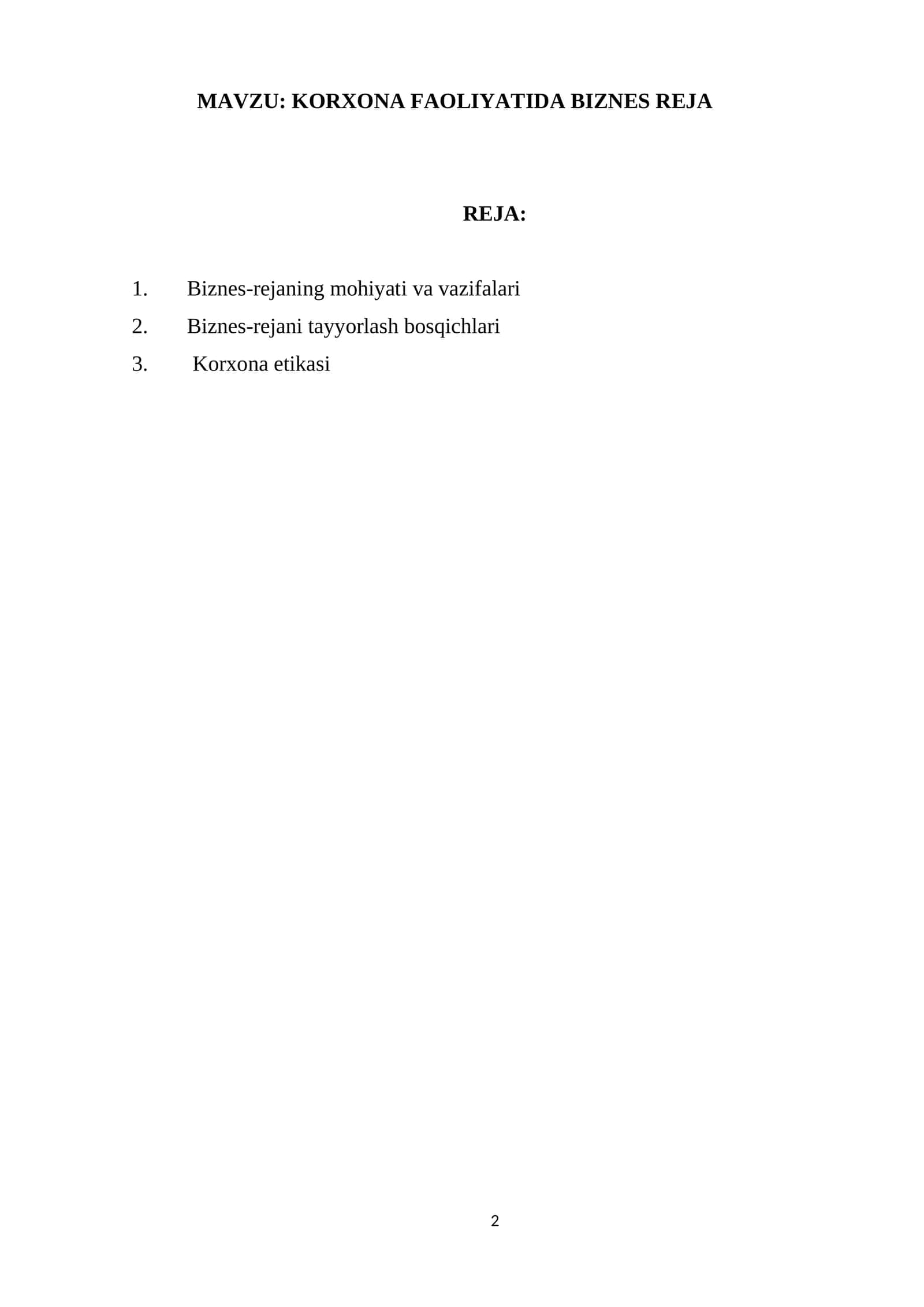 KORXONA FAOLIYATIDA BIZNES REJA