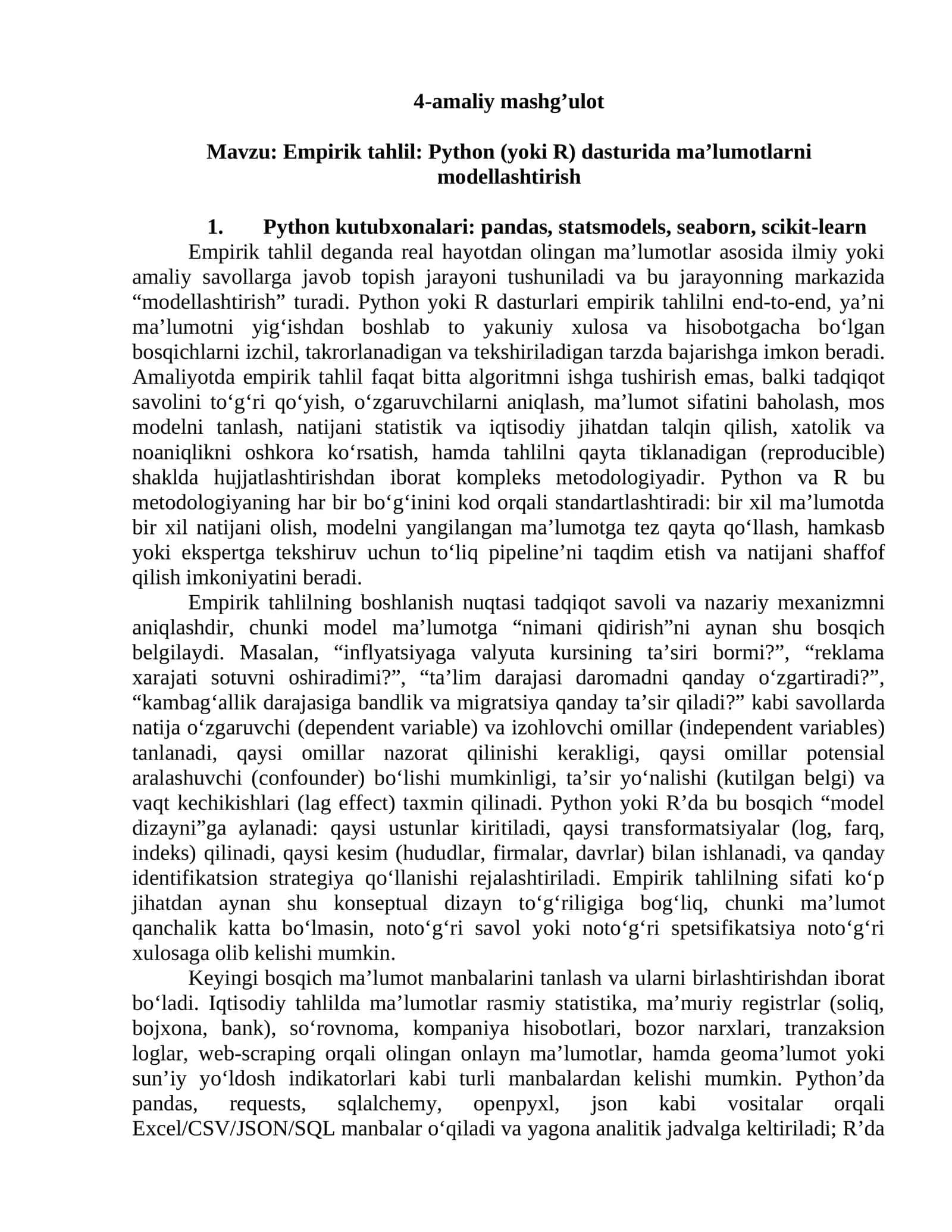 Empirik tahlil: Python (yoki R) dasturida ma’lumotlarni modellashtirish
