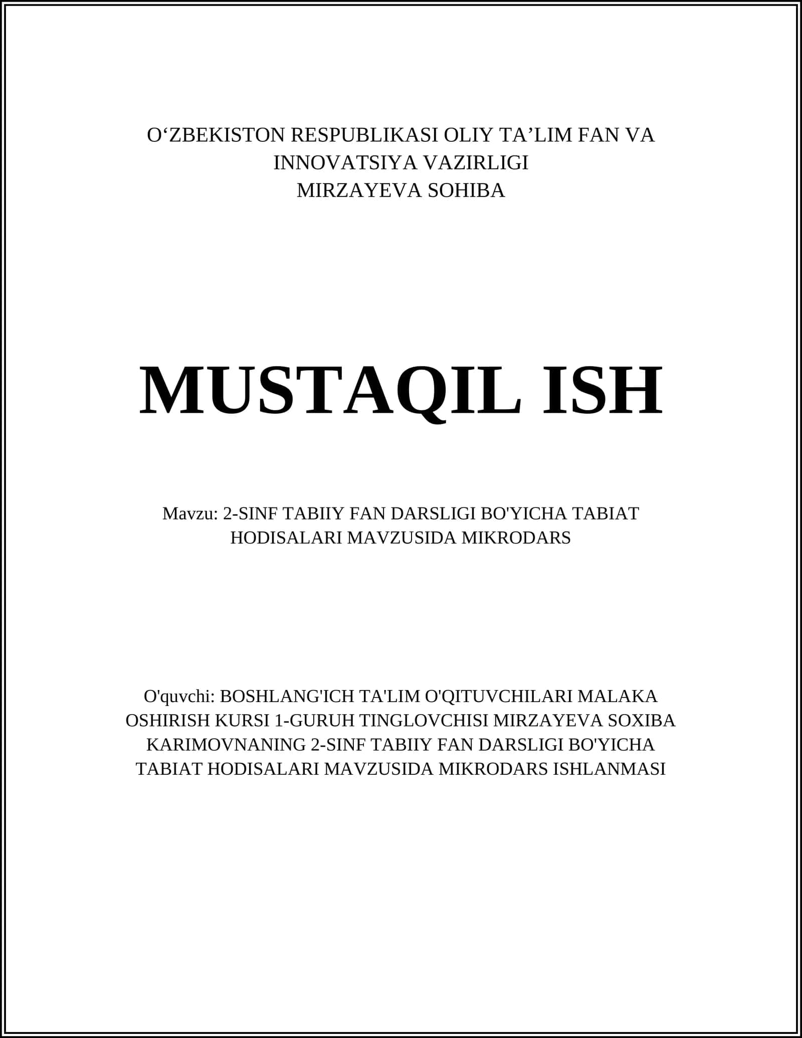 2-sinf tabiiy fan darsligi bo'yicha tabiat hodisalari mavzusida mikrodars