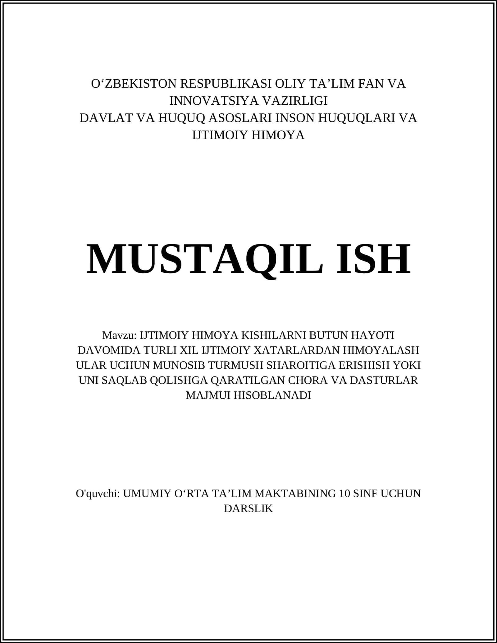 IJTIMOIY HIMOYA KISHILARNI BUTUN HAYOTI DAVOMIDA TURLI XIL IJTIMOIY XATARLARDAN HIMOYALASH ULAR UCHUN MUNOSIB TURMUSH SHAROITIGA ERISHISH YOKI UNI SAQLAB QOLISHGA QARATILGAN CHORA VA DASTURLAR MAJMUI HISOBLANADI