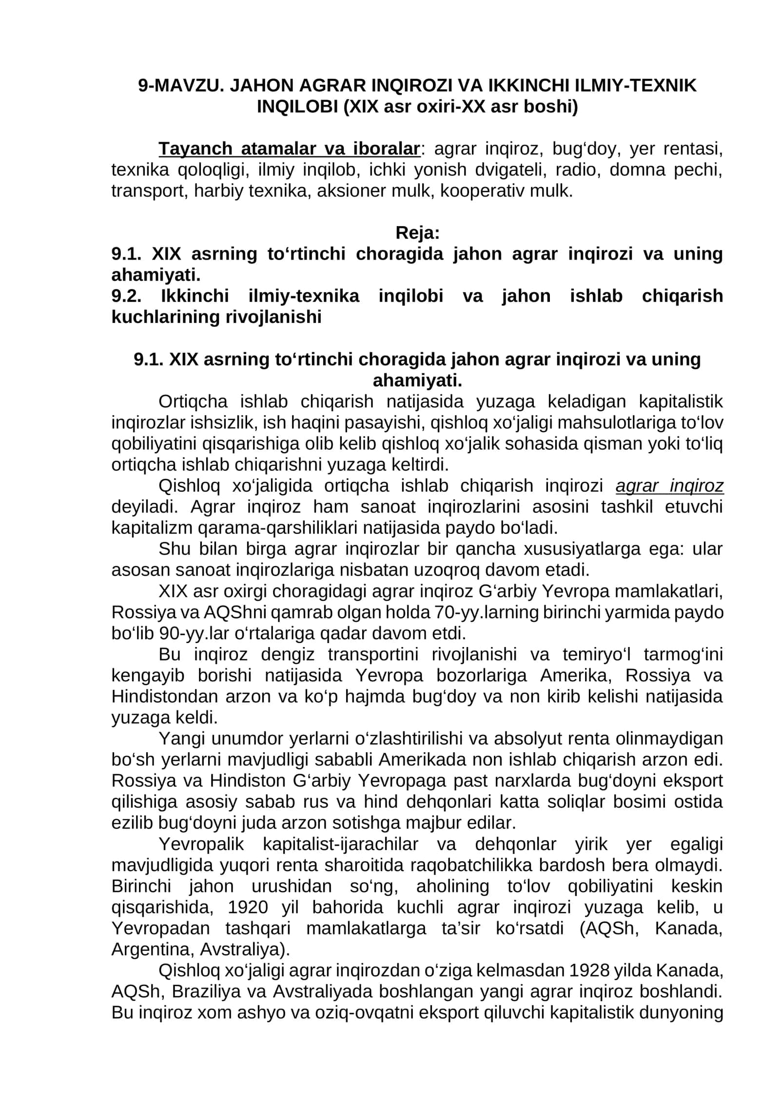 JAHON AGRAR INQIROZI VA IKKINCHI ILMIY-TEXNIK INQILOBI (XIX asr oxiri-XX asr boshi)
