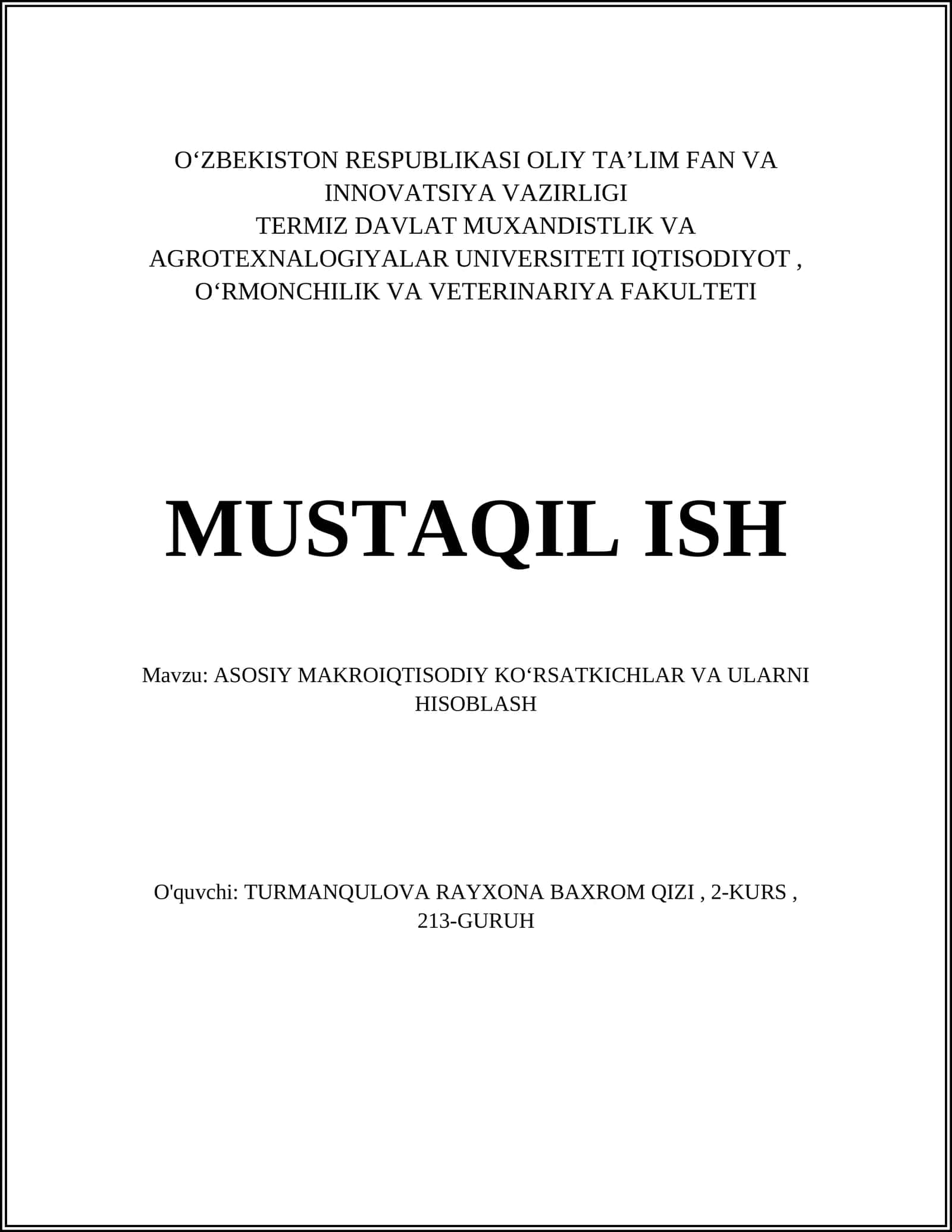 ASOSIY MAKROIQTISODIY KOʻRSATKICHLAR VA ULARNI HISOBLASH