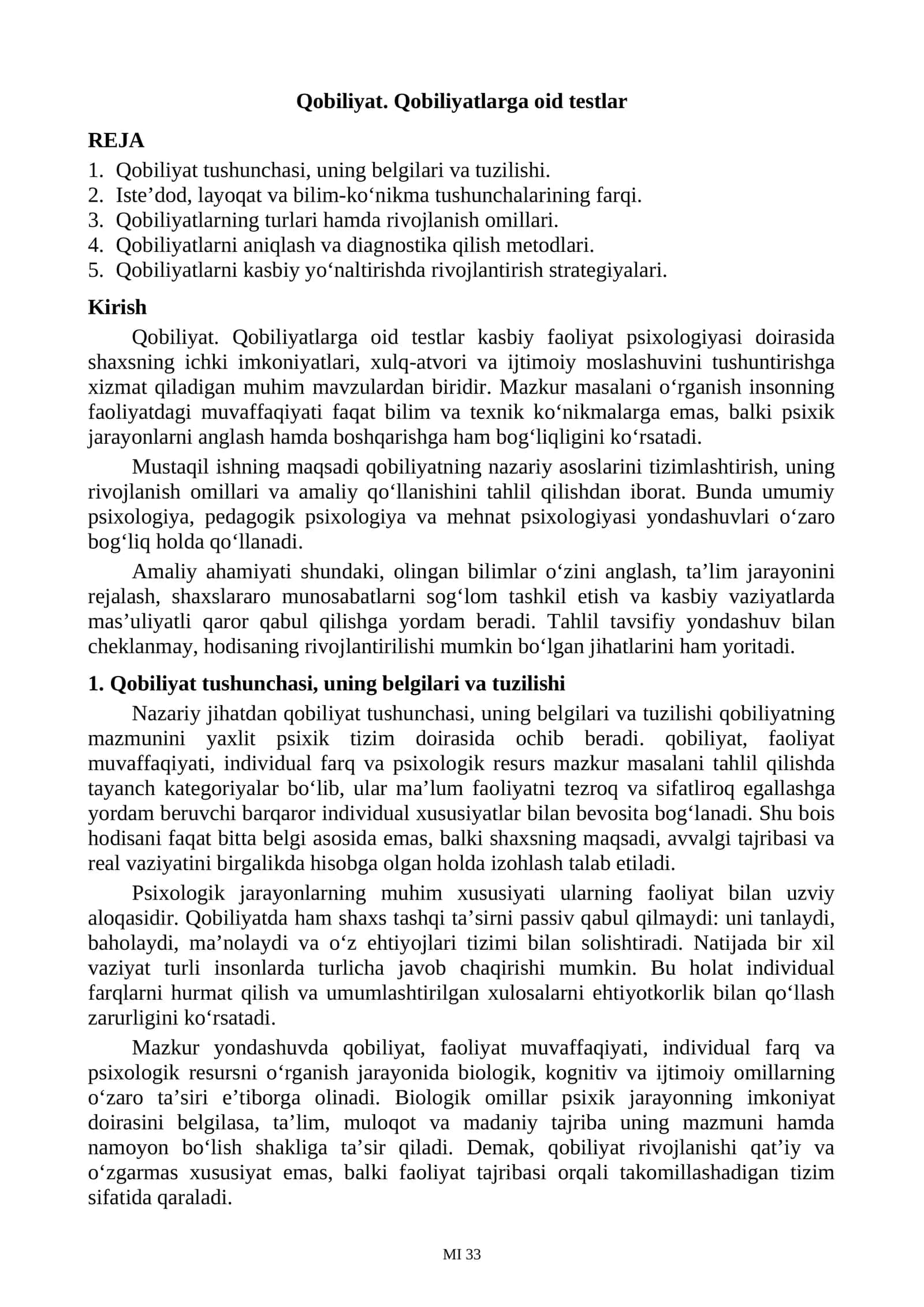 Qobiliyat. Qobiliyatlarga oid testlar