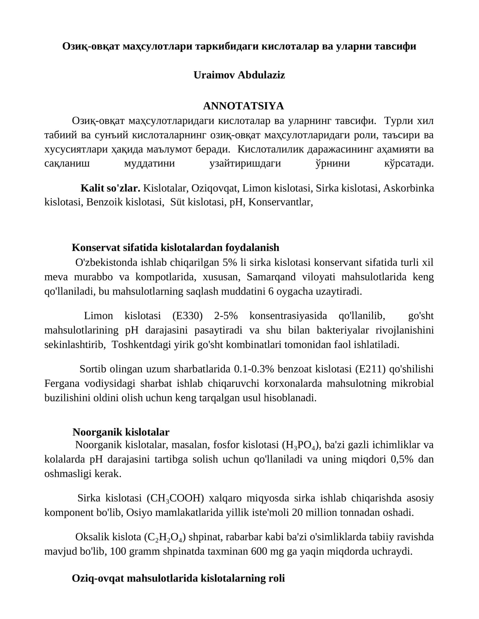 Озиқ-овқат маҳсулотларидаги кислоталар ва уларнинг тавсифи