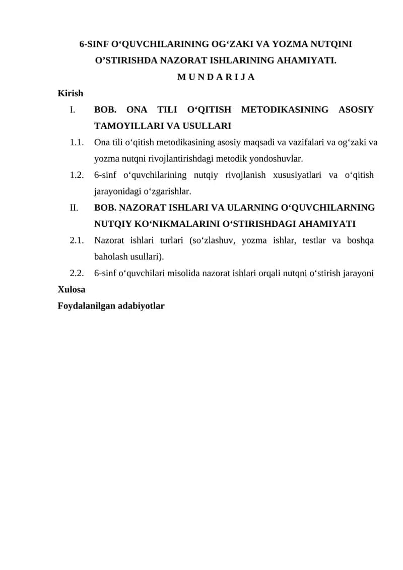 6-SINF O‘QUVCHILARINING OG‘ZAKI VA YOZMA NUTQINI O’STIRISHDA NAZORAT ISHLARINING AHAMIYATI