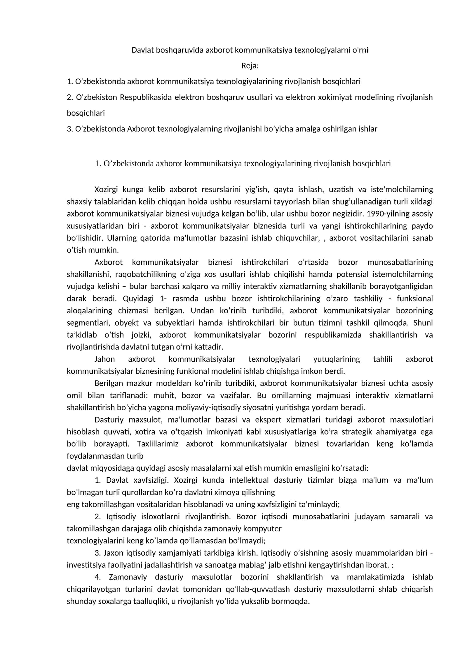 O'zbekistonda axborot kommunikatsiya texnologiyalarining rivojlanishi