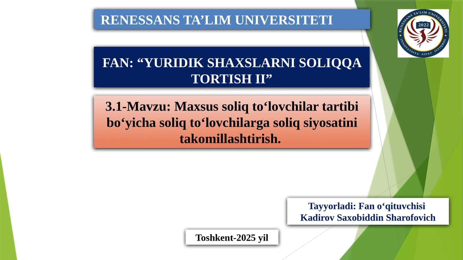 YURIDIK SHAXSLARNI SOLIQQA TORTISH II