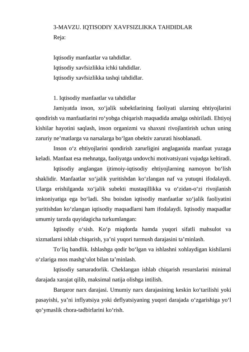IQTISODIY XAVFSIZLIKKA TAHDIDLAR