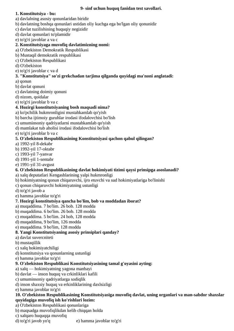 9- sinf uchun huquq fanidan test savollari
