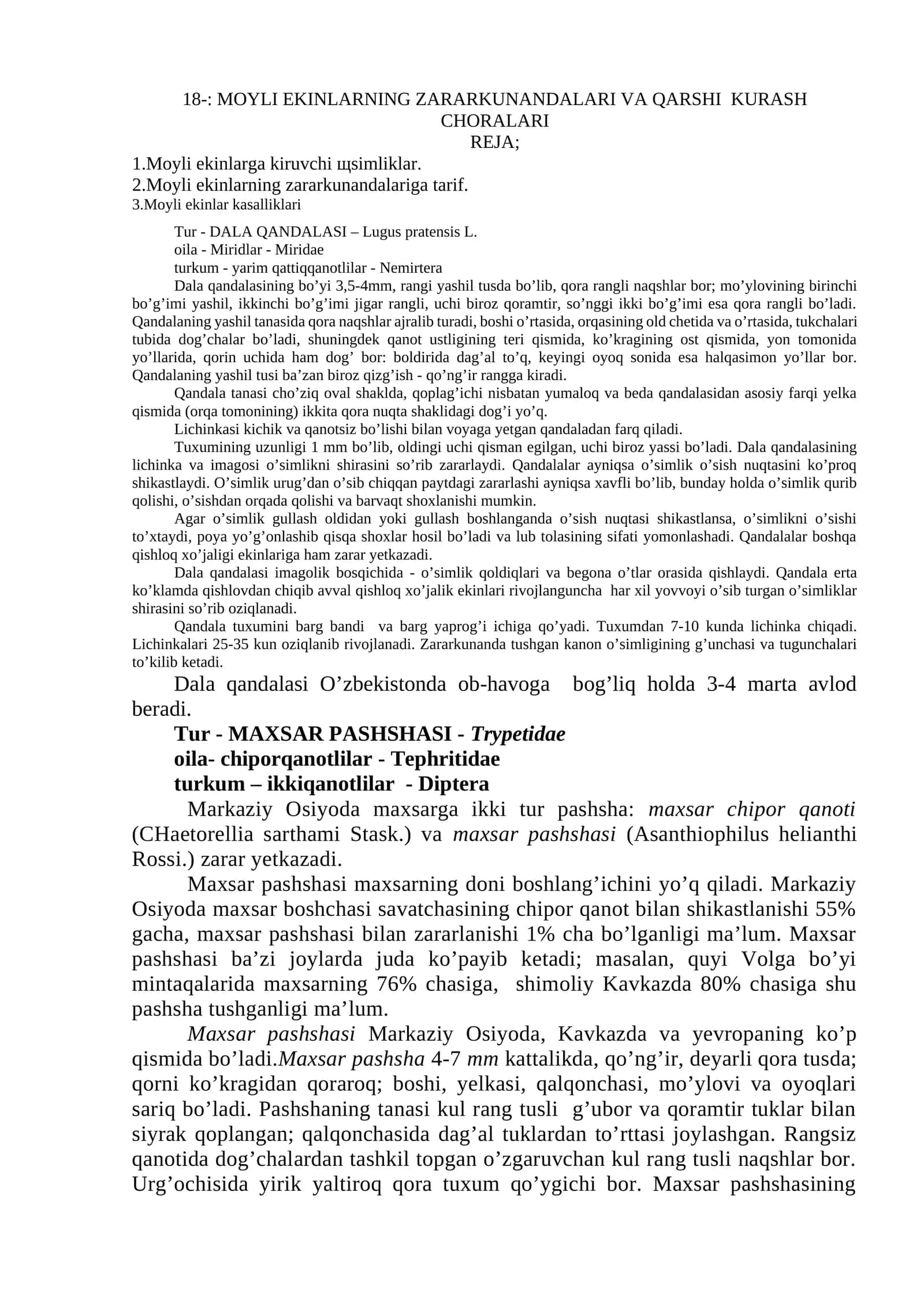 MOYLI EKINLARNING ZARARKUNANDALARI VA QARSHI KURASH CHORALARI
