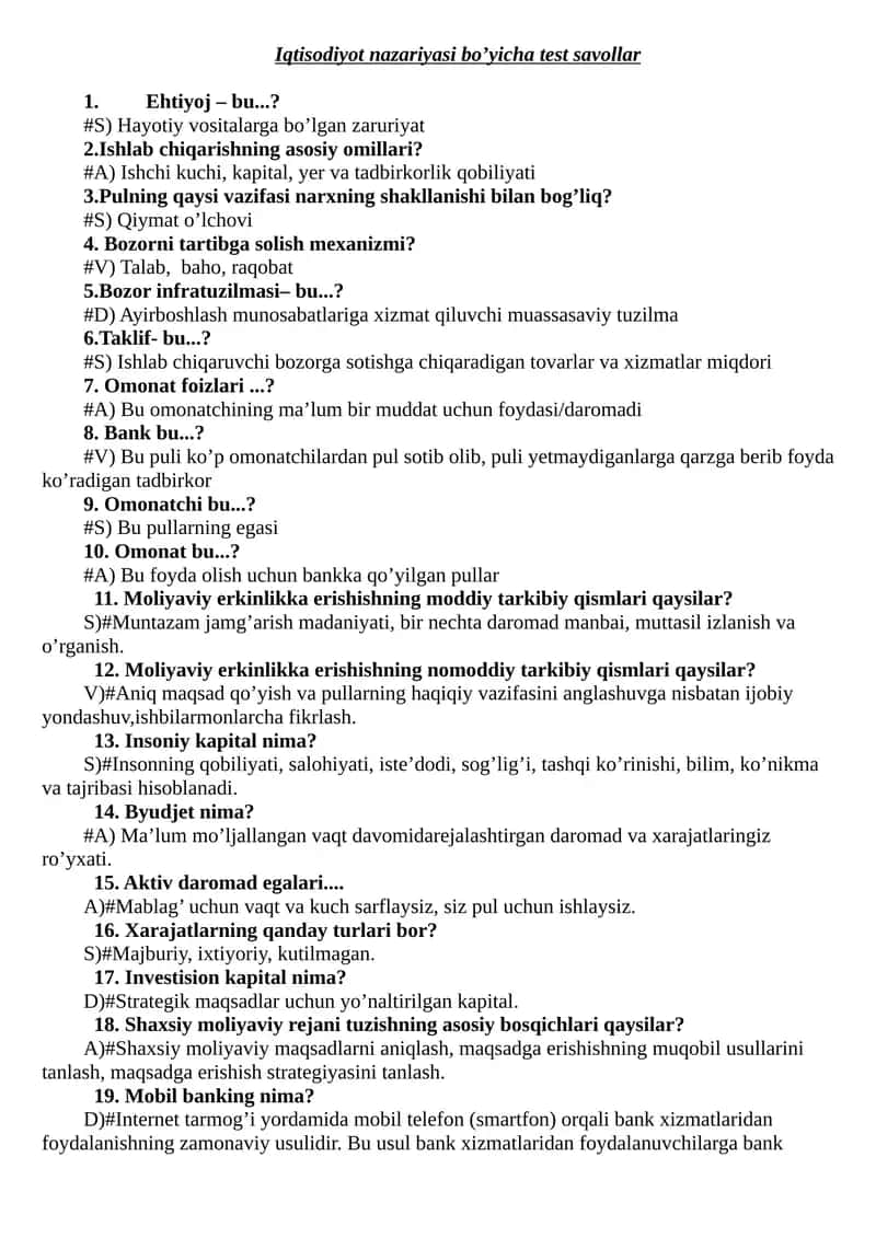 Iqtisodiyot nazariyasi bo’yicha test savollar