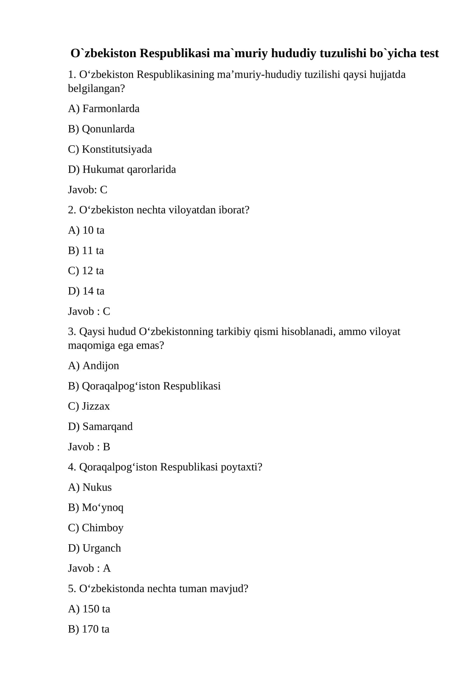 O`zbekiston Respublikasi ma`muriy hududiy tuzulishi bo`yicha test