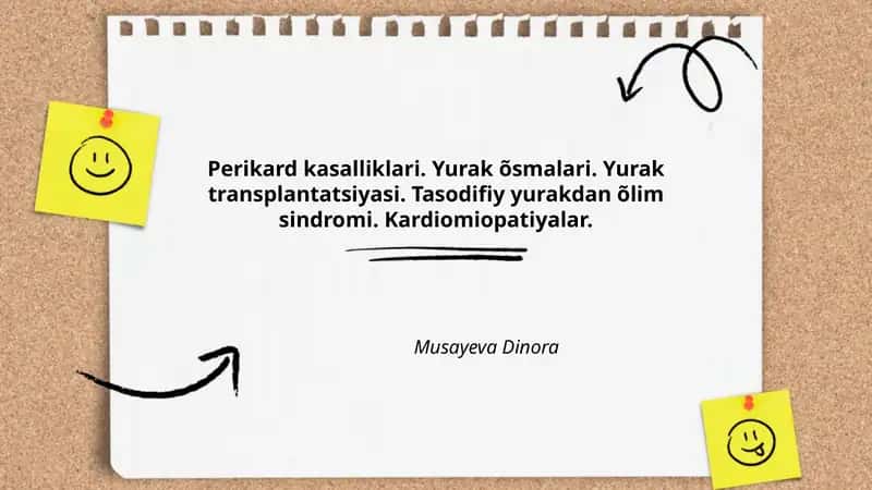 Perikard kasalliklari. Yurak õsmalari. Yurak transplantatsiyasi. Tasodifiy yurakdan õlim sindromi. Kardiomiopatiyalar