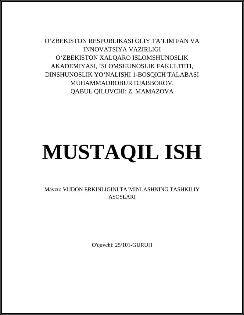 VIJDON ERKINLIGINI TA'MINLASHNING TASHKILIY ASOSLARI
