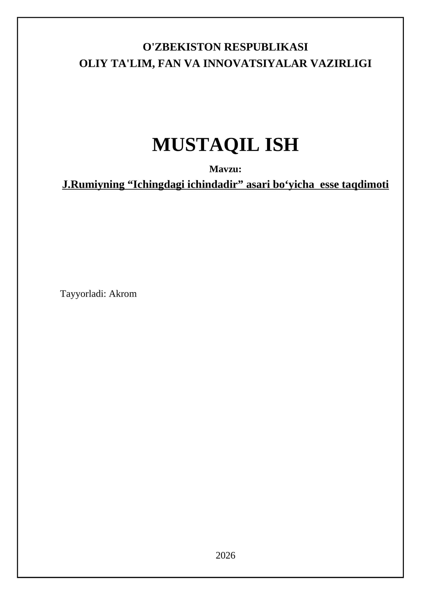 J.Rumiyning “Ichingdagi ichindadir” asari bo‘yicha esse taqdimoti