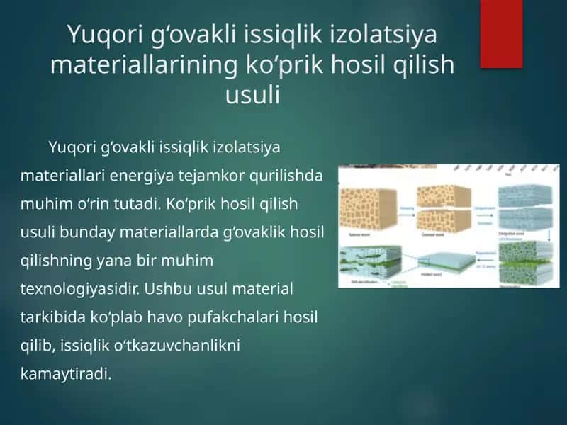 Yuqori g‘ovakli issiqlik izolatsiya materiallarining ko‘prik hosil qilish usuli