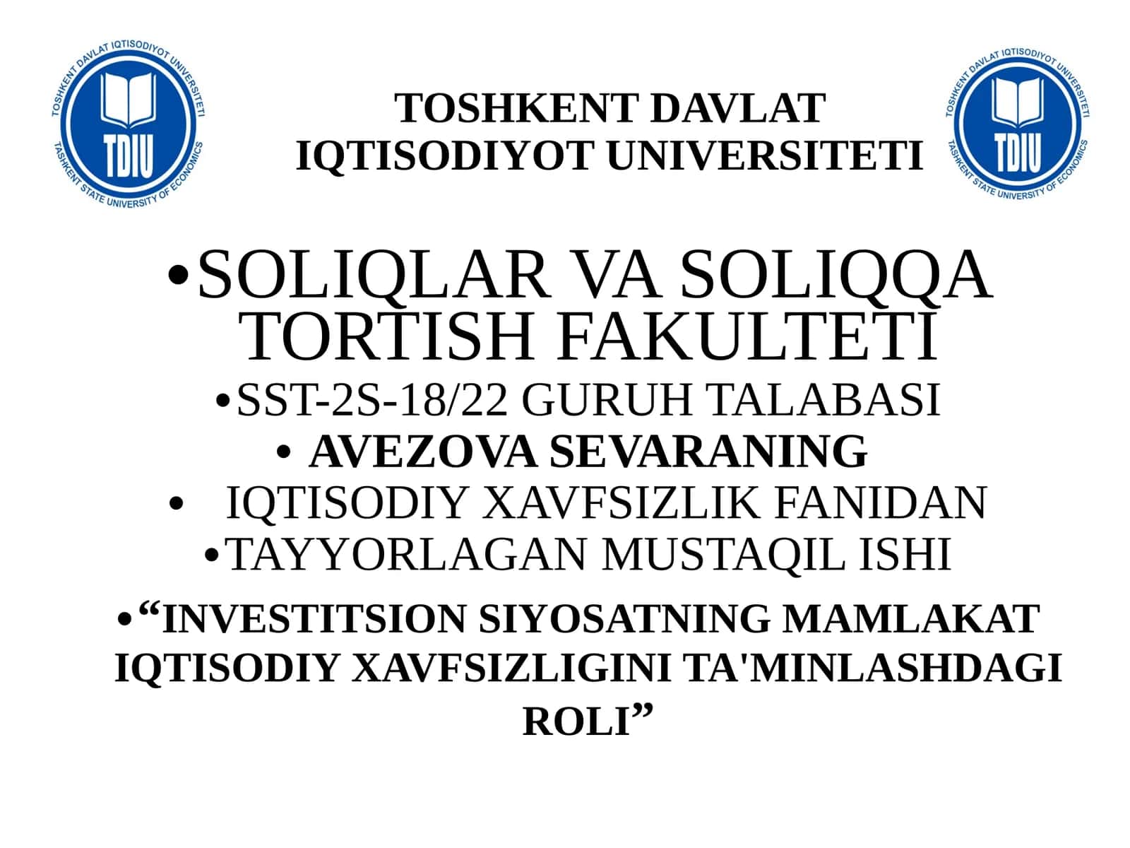 INVESTITSION SIYOSATNING MAMLAKAT IQTISODIY XAVFSIZLIGINI TA'MINLASHDAGI ROLI