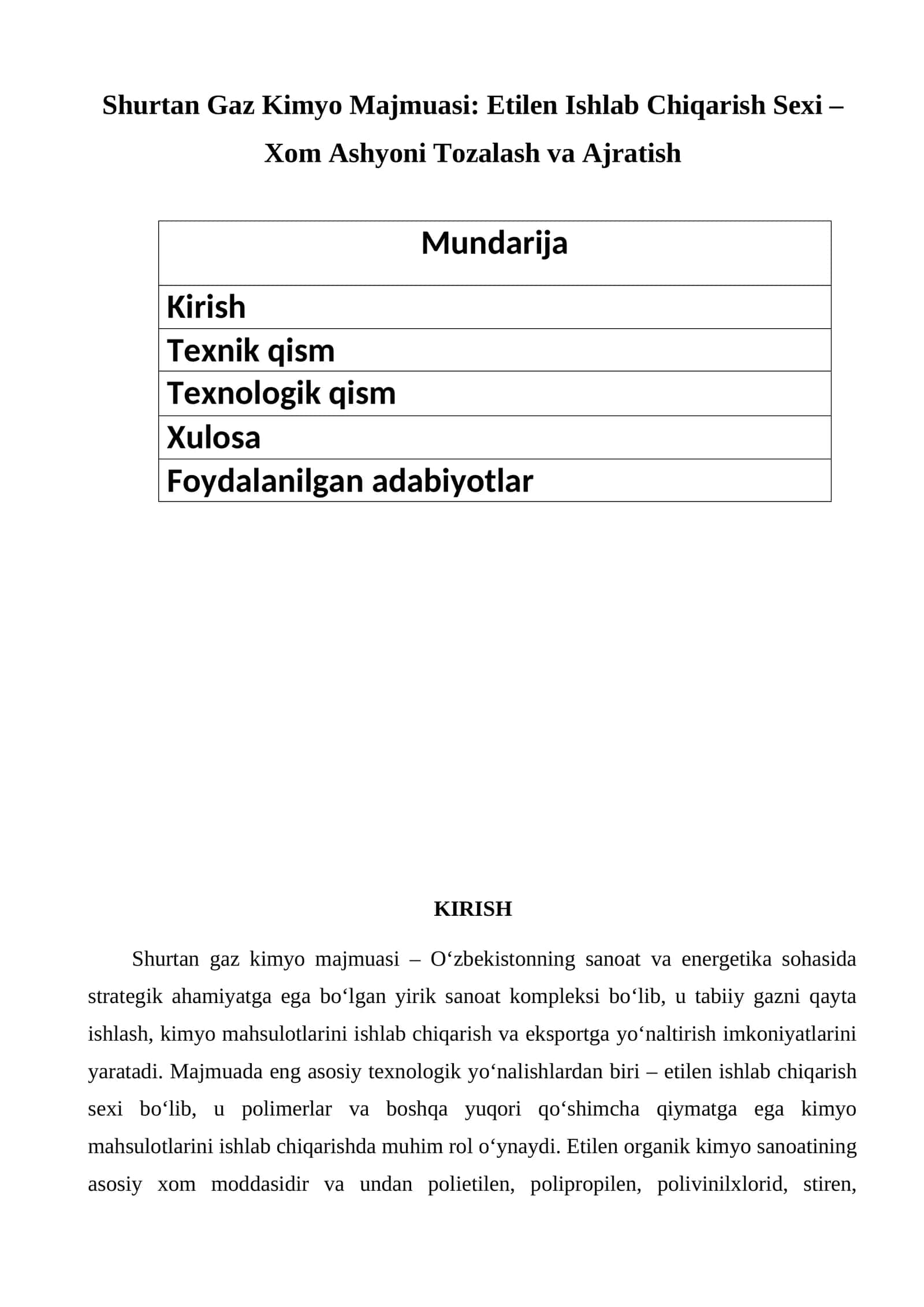 Shurtan Gaz Kimyo Majmuasi: Etilen Ishlab Chiqarish Sexi – Xom Ashyoni Tozalash va Ajratish