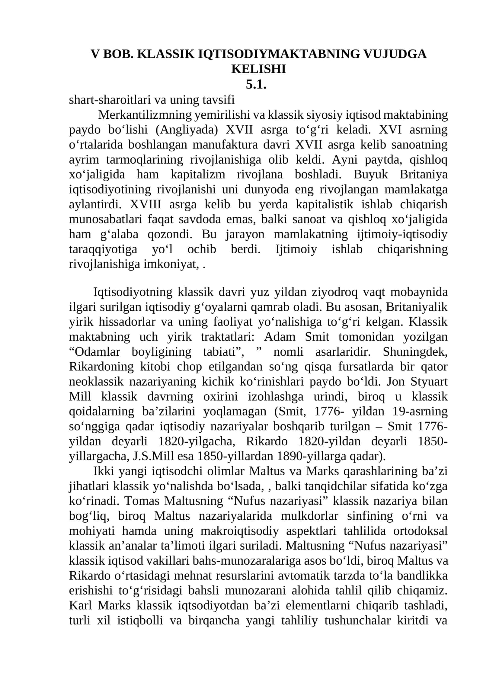 BOB. KLASSIK IQTISODIYMAKTABNING VUJUDGA KELISHI