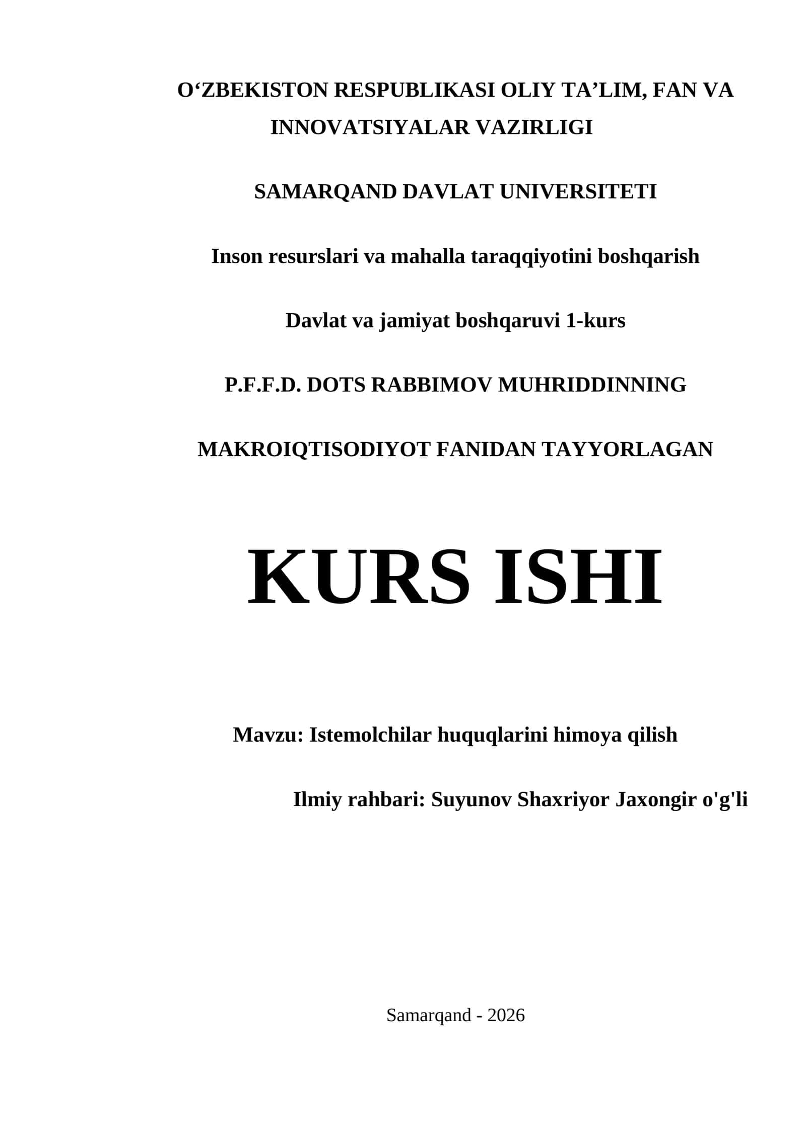 MAKROIQTISODIYOT FANIDAN TAYYORLAGAN KURS ISHI