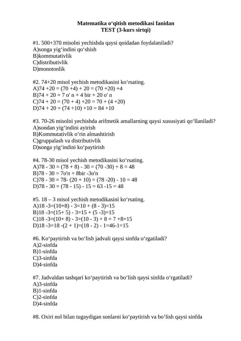 Matematika o‘qitish metodikasi fanidan
