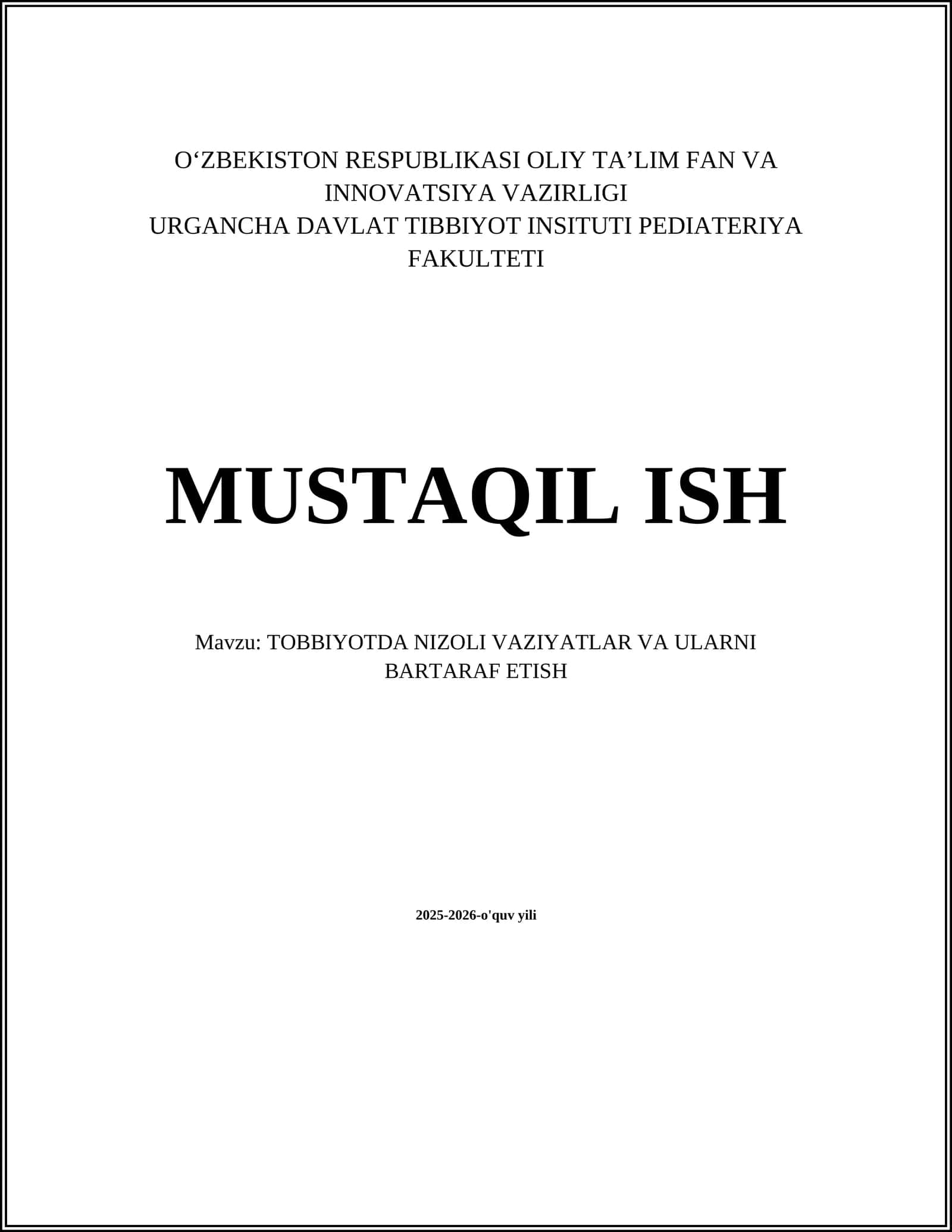 TOBBIYOTDA NIZOLI VAZIYATLAR VA ULARNI BARTARAF ETISH
