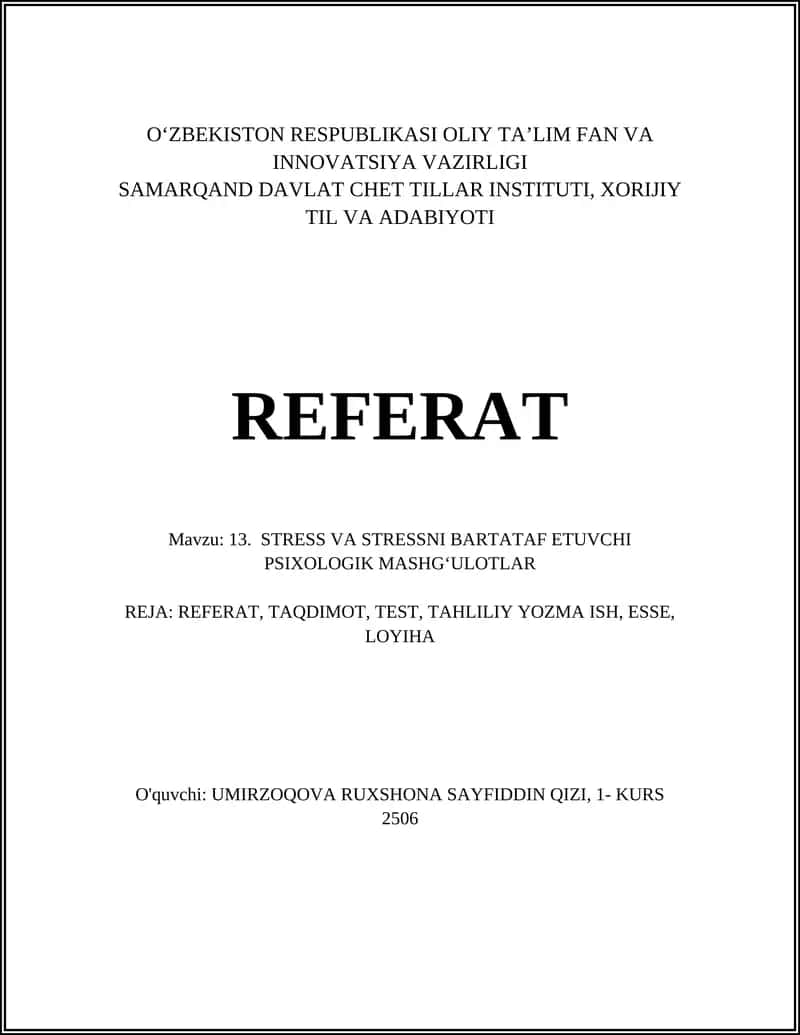 STRESS VA STRESSNI BARTATAF ETUVCHI PSIXOLOGIK MASHG‘ULOTLAR