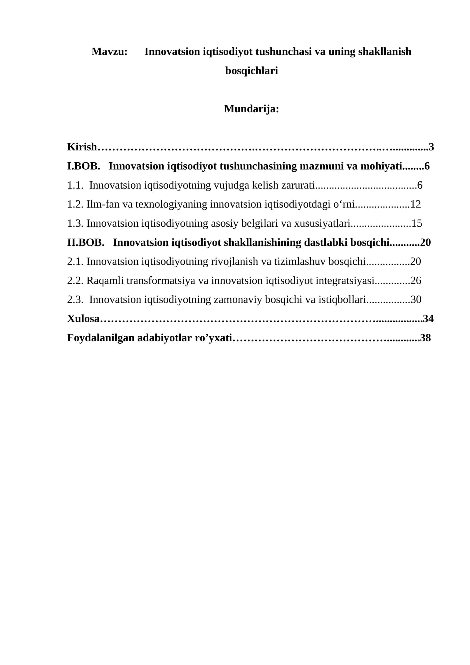 Innovatsion iqtisodiyot tushunchasi va uning shakllanish bosqichlari