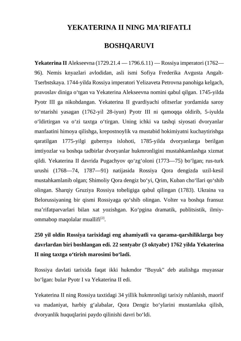 YEKATERINA II NING MA'RIFATLI BOSHQARUVI
