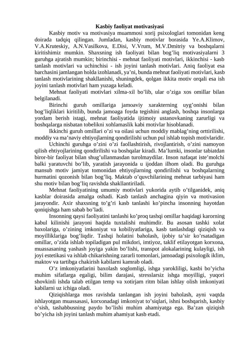 Kasbiy faoliyat motivasiyasi