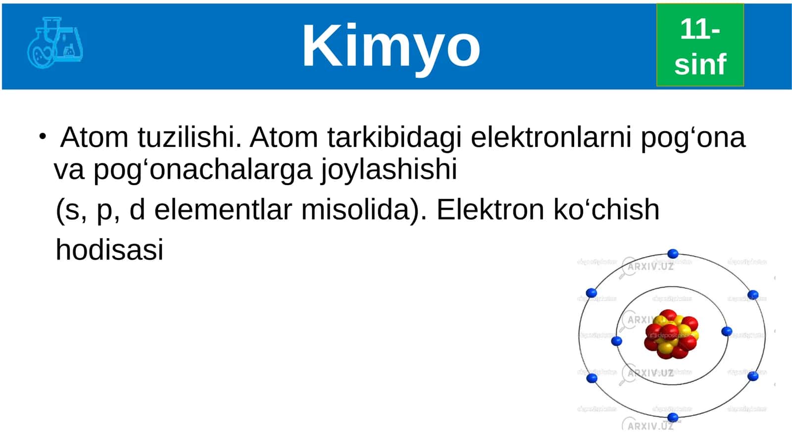 Atomtuzilishi. Atomtarkibidagielektronlarnipog‘onavapog‘onachalargajoylashishi