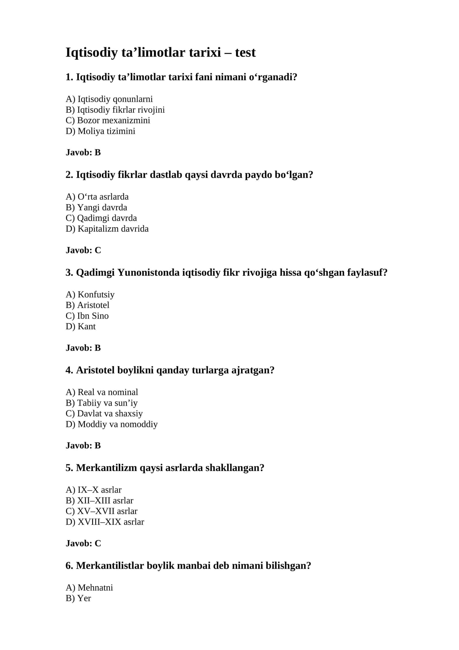 Iqtisodiy ta’limotlar tarixi – test