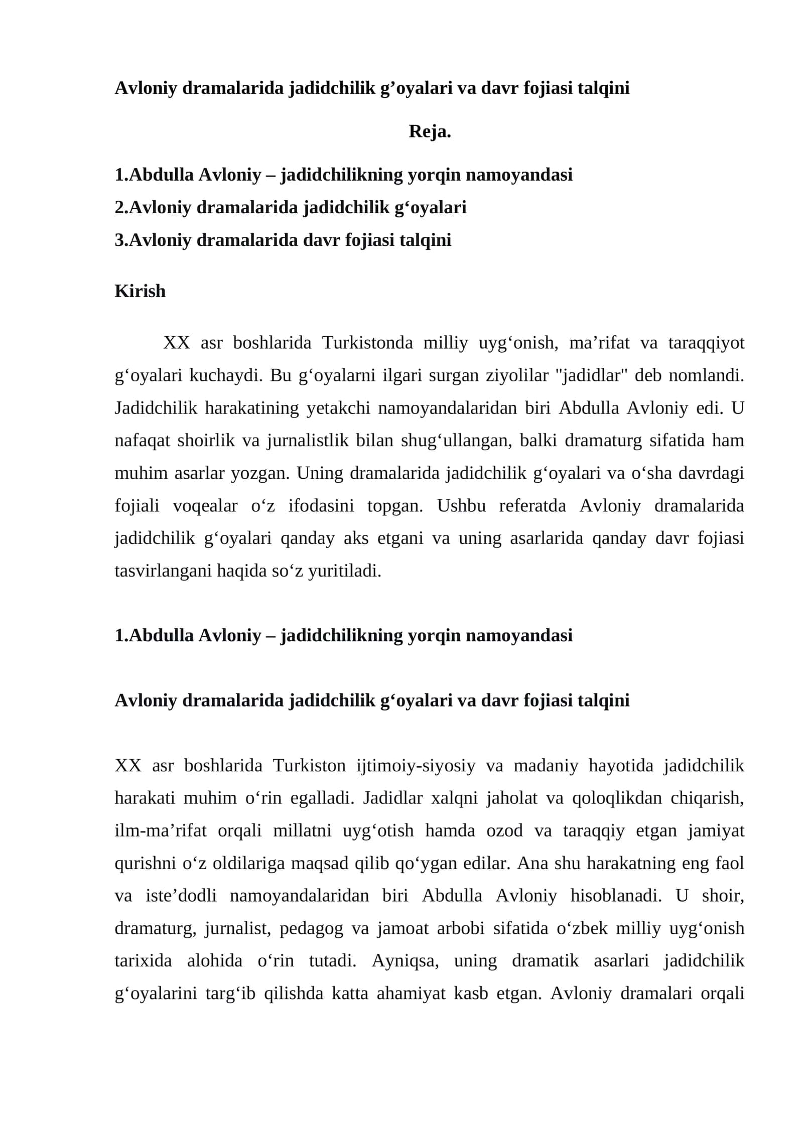 Avloniy dramalarida jadidchilik g’oyalari va davr fojiasi talqini