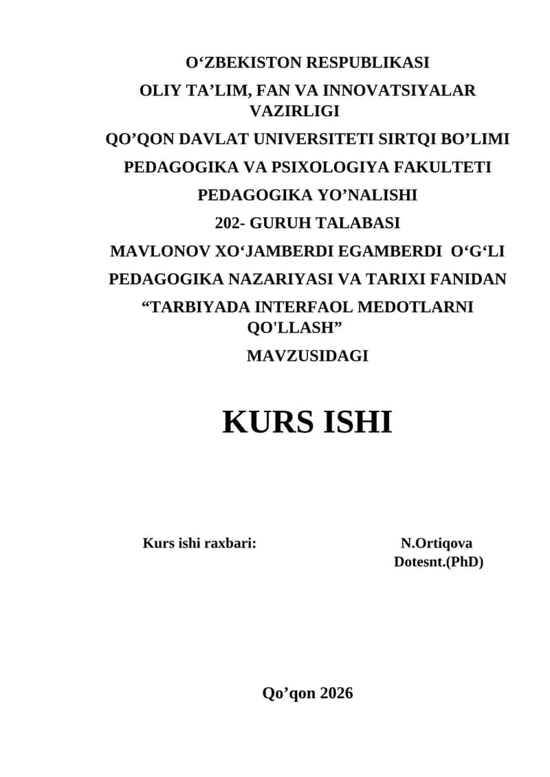 TARBIYADA INTERFAOL MEDOTLARNI QO'LLASH