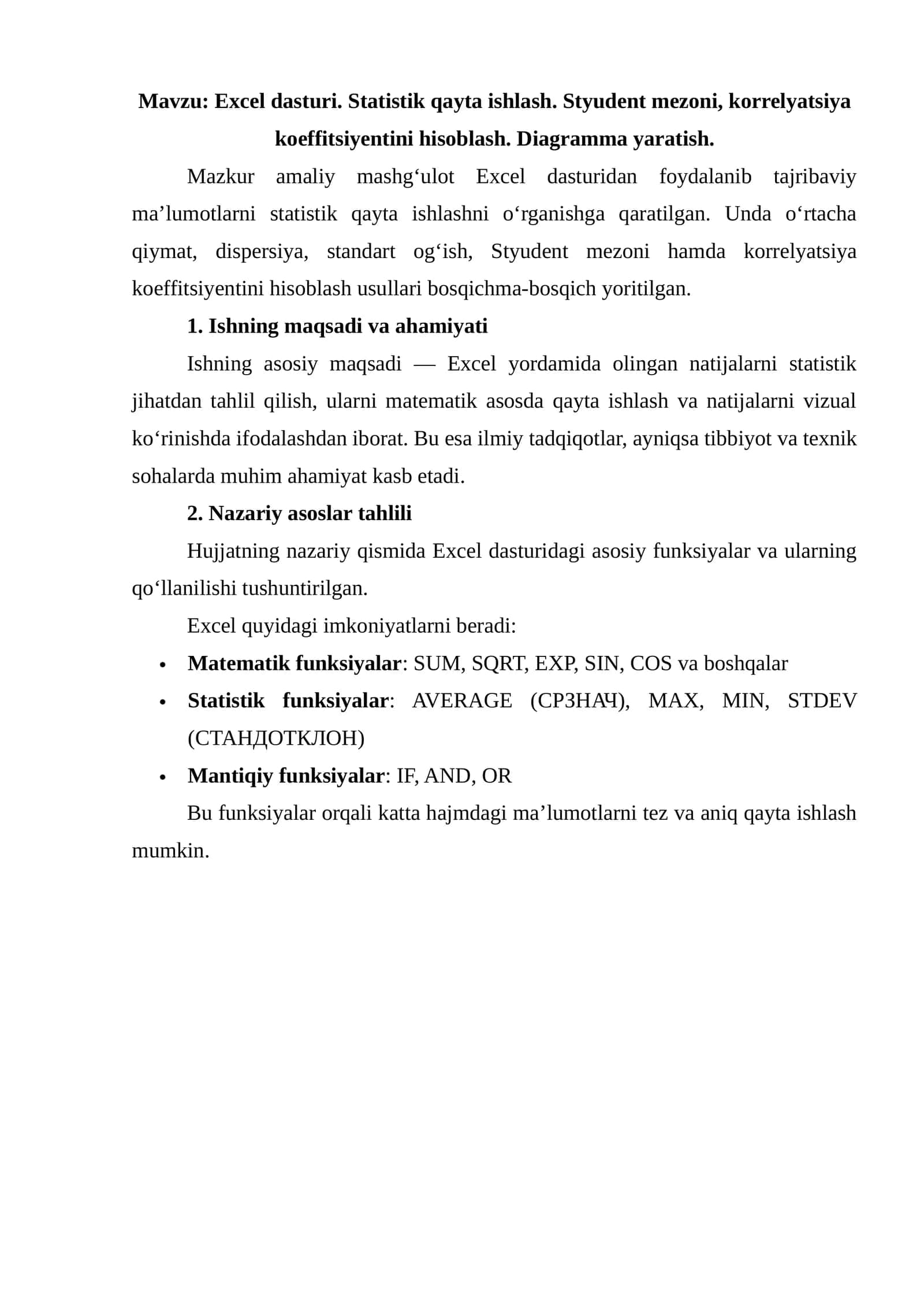 Excel dasturi. Statistik qayta ishlash. Styudent mezoni, korrelyatsiya koeffitsiyentini hisoblash. Diagramma yaratish