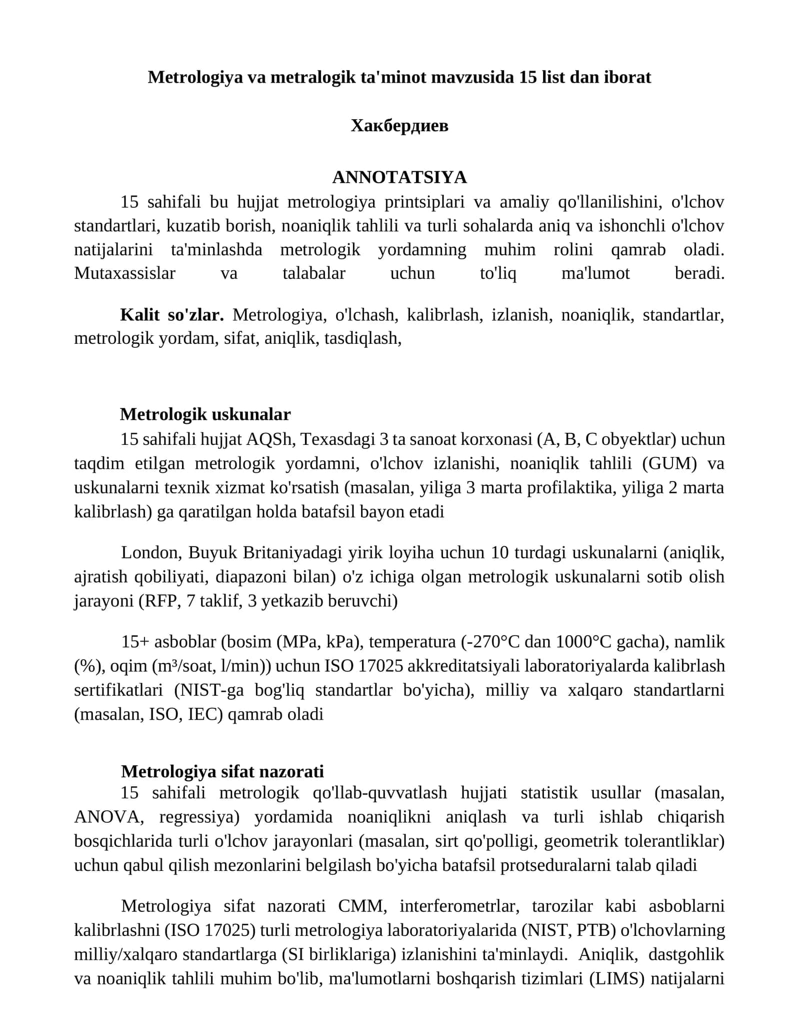 Metrologiya va metralogik ta'minot mavzusida 15 list dan iborat